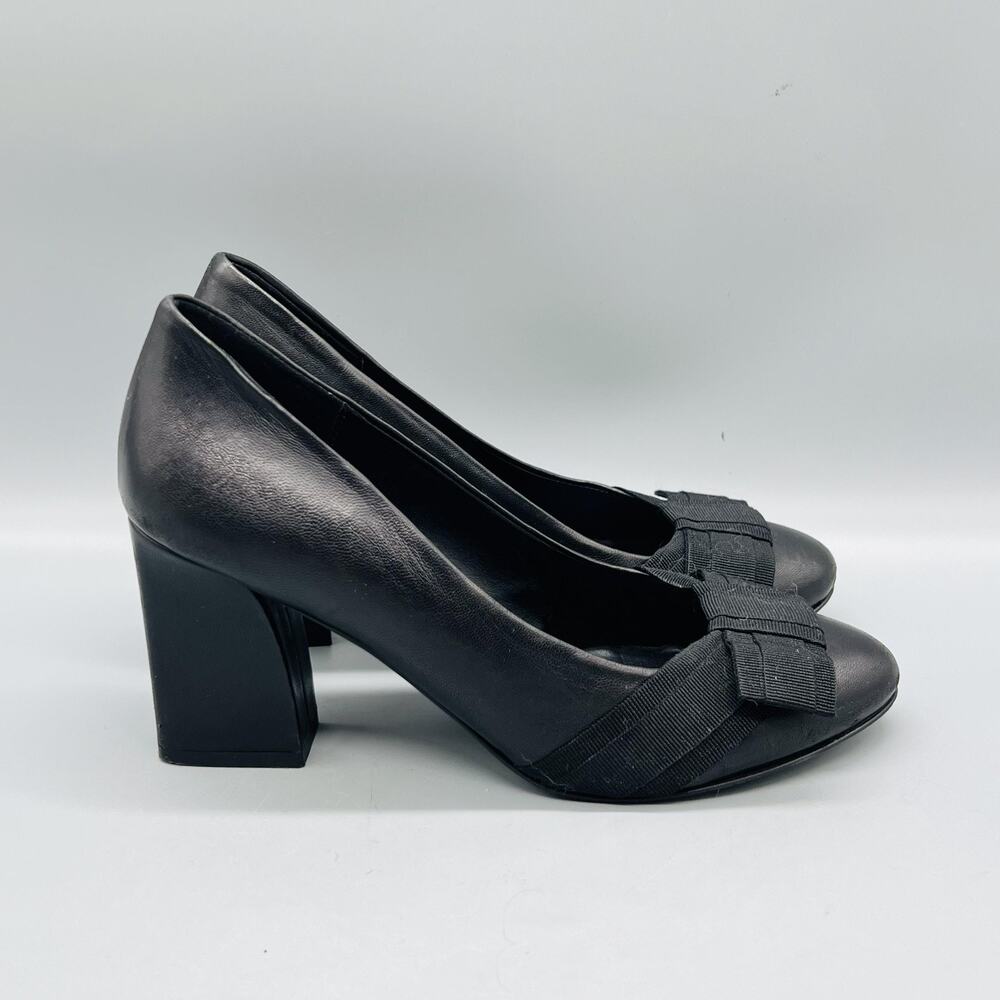 Brooks Brothers Shoes Women 7.5 Black Leather Bow Block Heel Slip On Dress Pumps